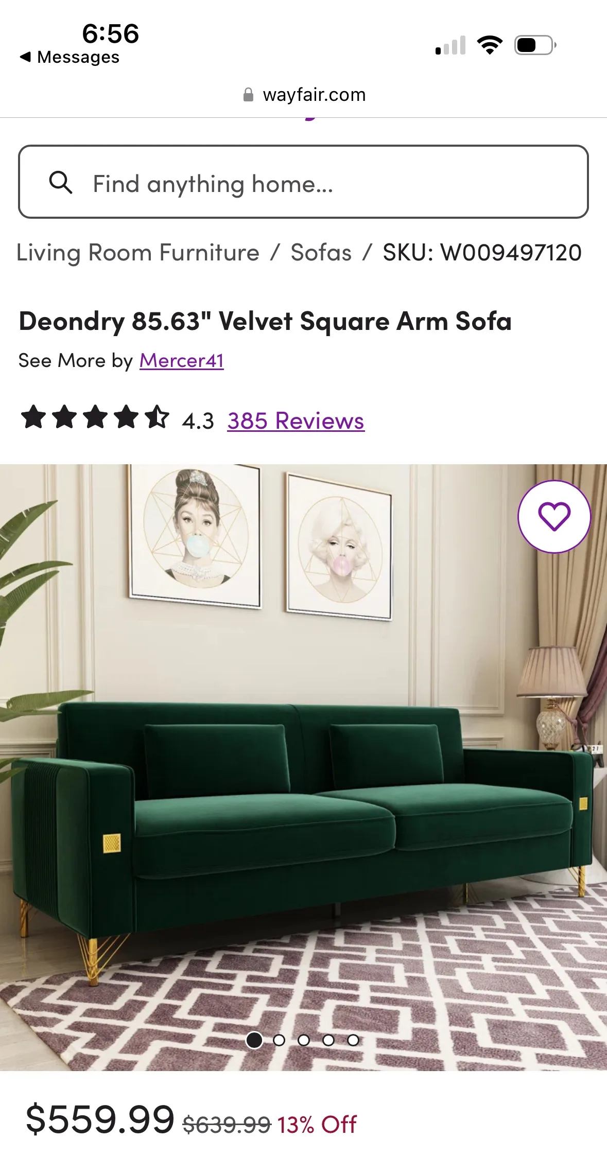 Green Velvet Sofa thumbnail