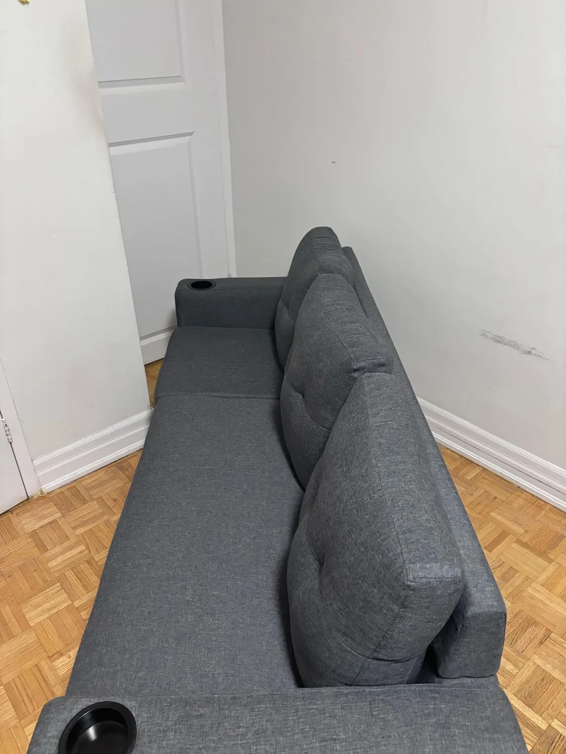 Like New - Grey Sofa with Cup Holders image indicator(6)