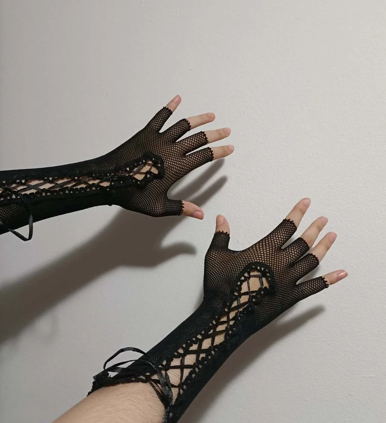 Black Fishnet Corset Fingerless Goth Gloves thumbnail