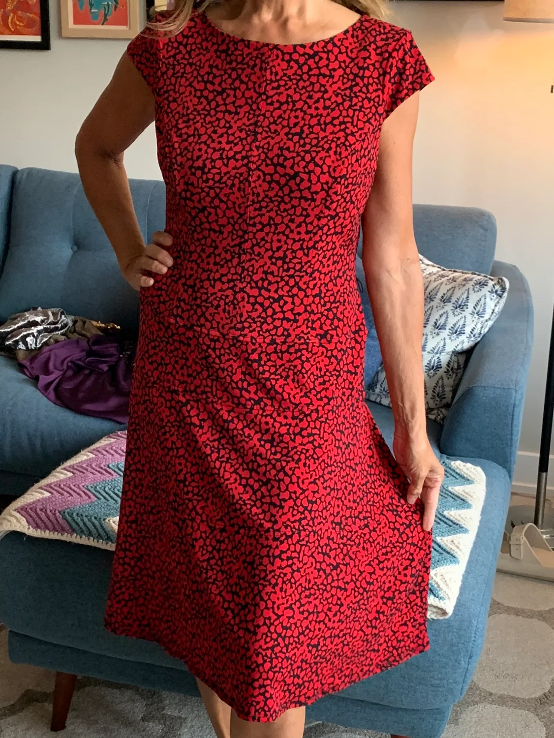 Anne Klein Red & Black Animal Print Dress w/ Piping & Drop Waist thumbnail