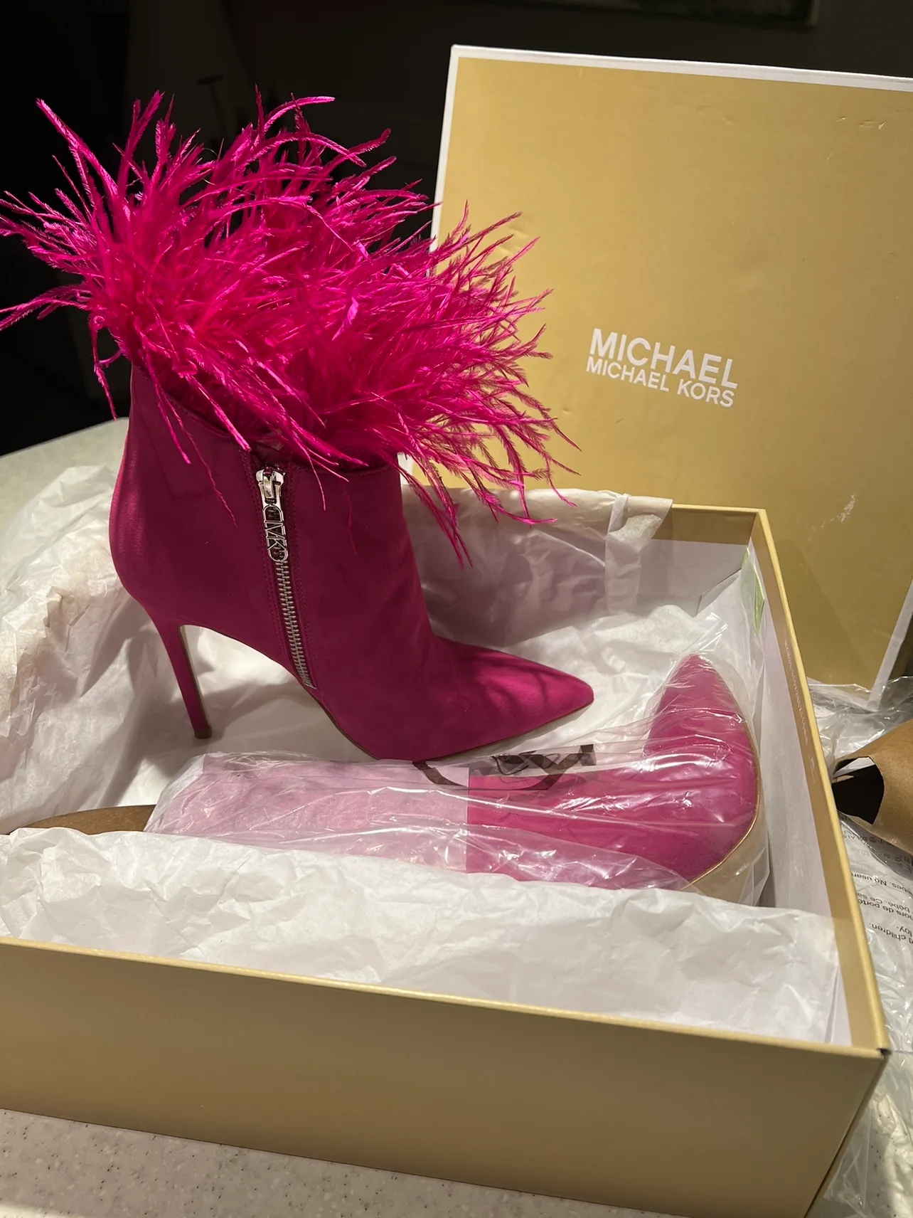 NEW Michael Kors Whitby Feather TrimSuede AnkleBoot 7.5 image indicator(2)