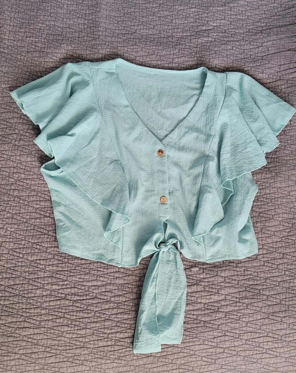 Mint Green Tie Front Top Womens Ruffled sleeve Crop Top thumbnail