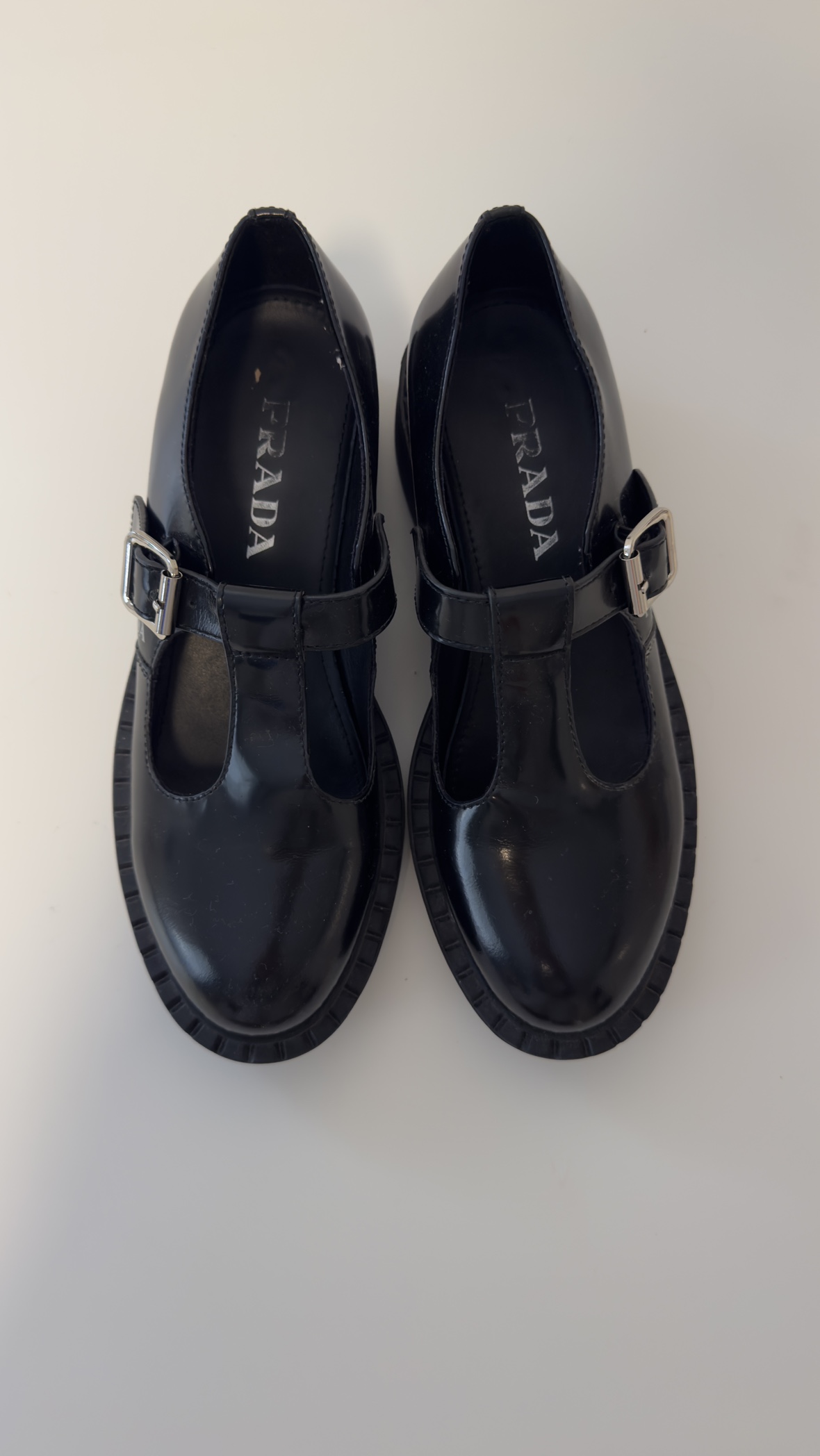 Prada Black Patent Leather T-Strap Shoes