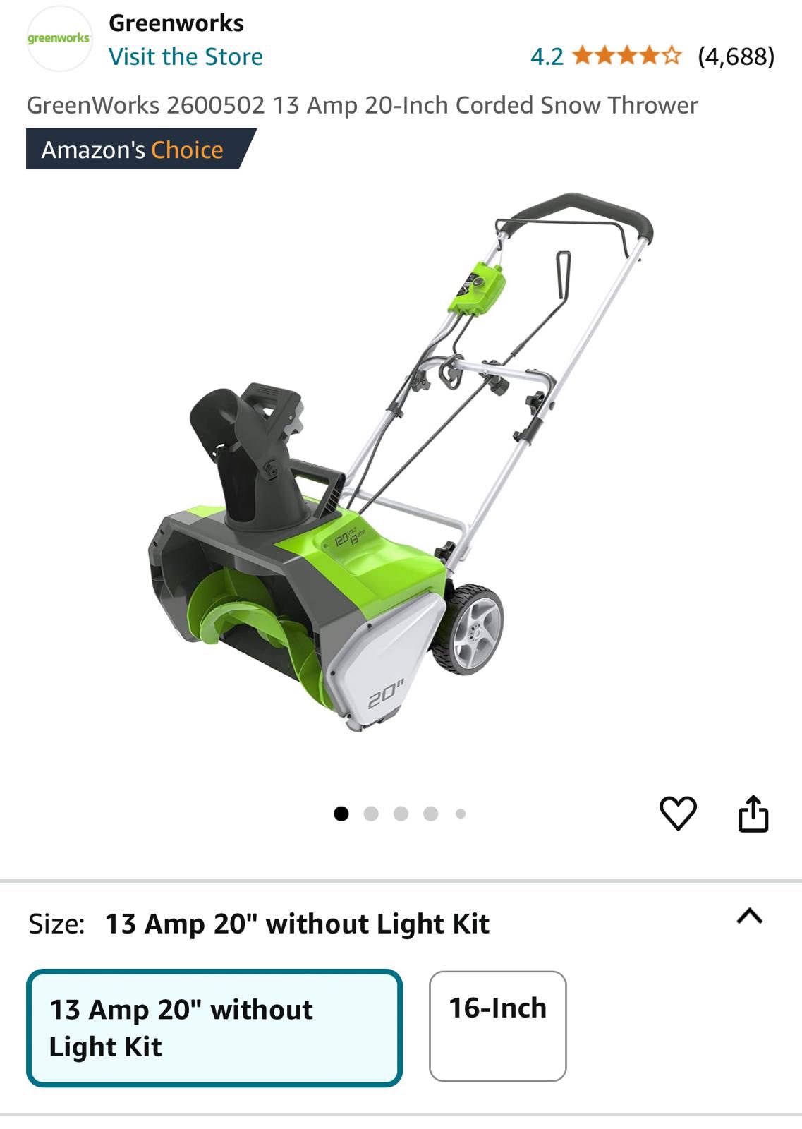 GreenWorks 13 Amp 20” electric corded snow thower