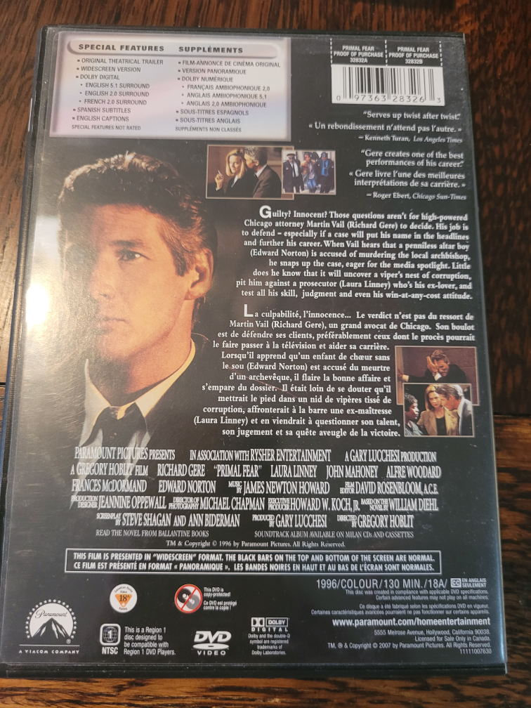 Primal Fear DVD - photo 2