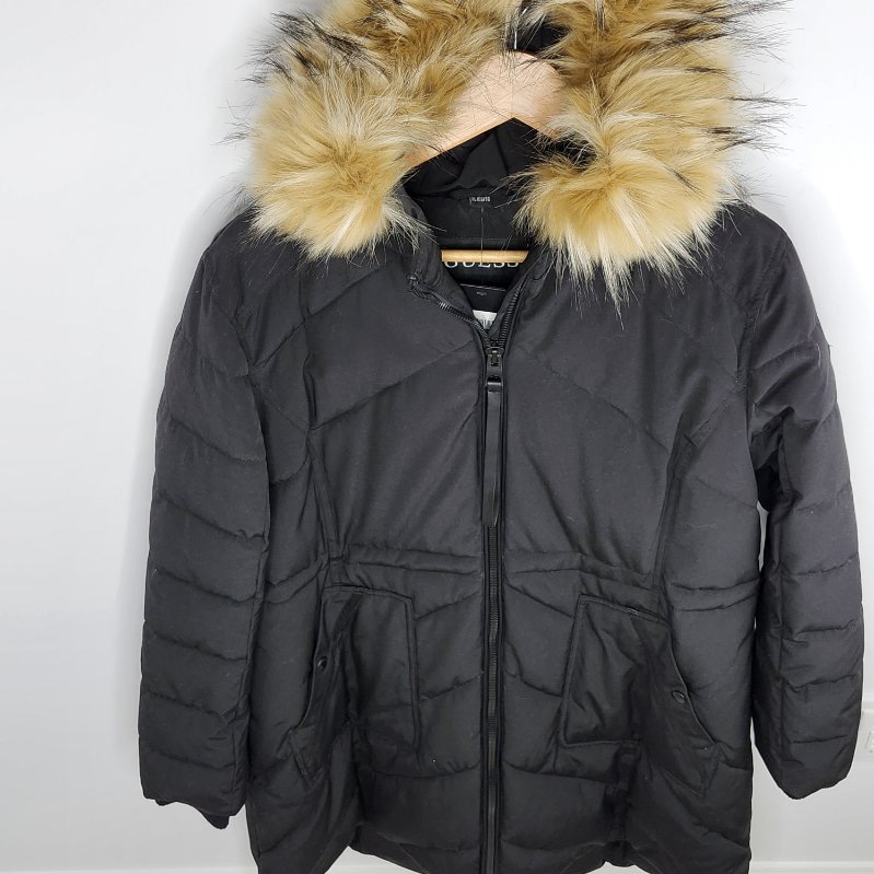 Guess Ladies XL Black Faux Fur Trimmed Winter Coat