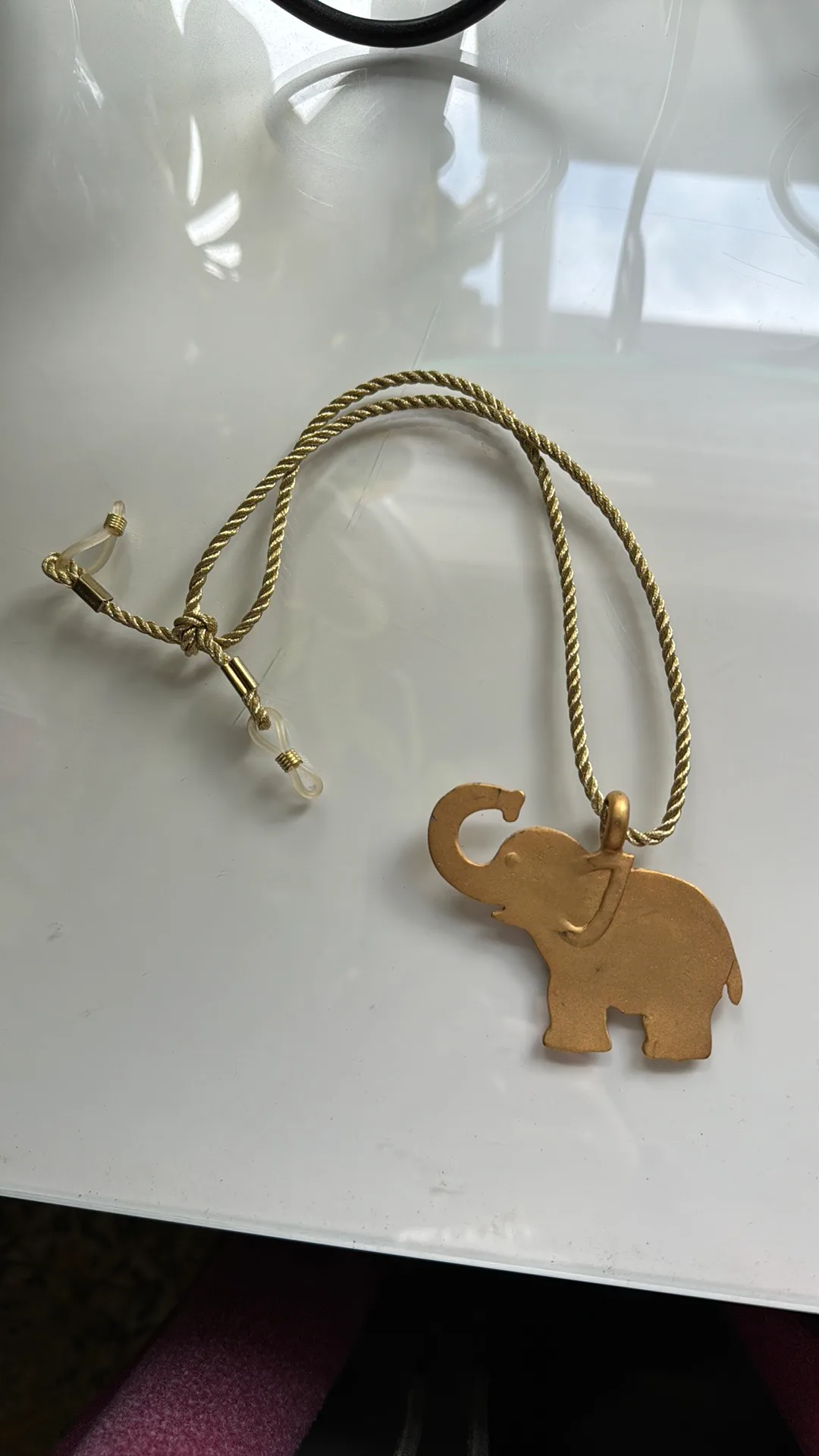 Gold elephant pendant on gold rope fabric chain necklace thumbnail