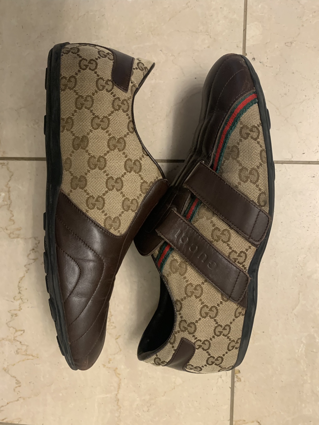 Gucci men’s Brown leather and Beige canvas Sneakers. Size 8.5 US - photo 2