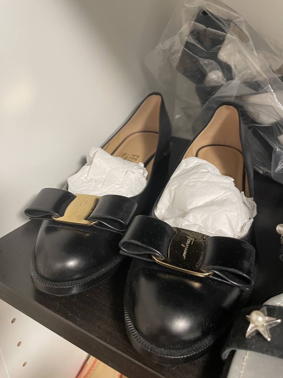Salvatore Ferragamo Black Leather Bow Flats