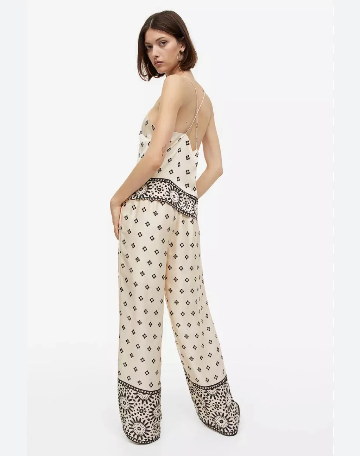 Cream and Black Printed Satin Pajama Set thumbnail