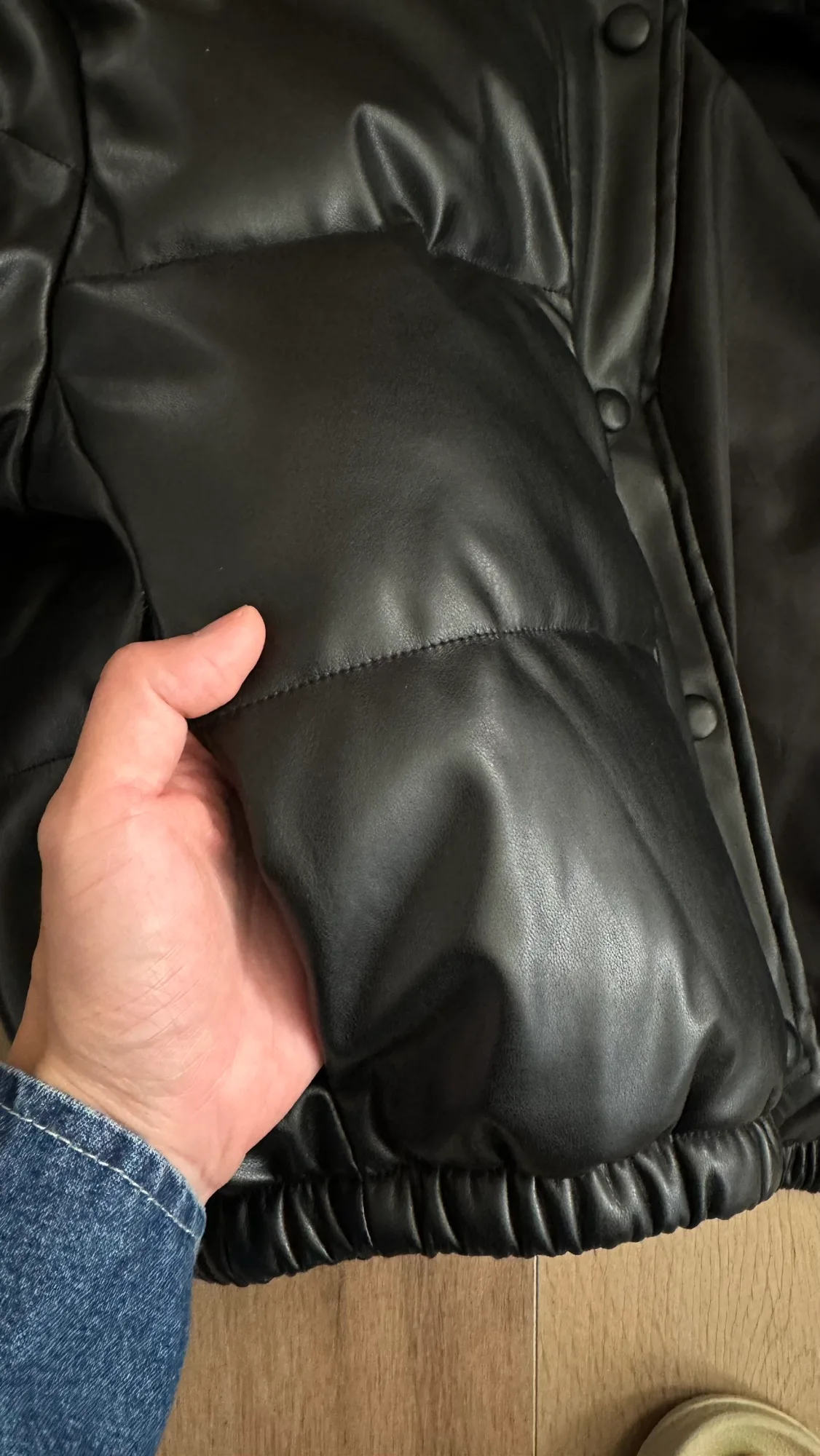 New! Black faux leather padded jacket image indicator(7)