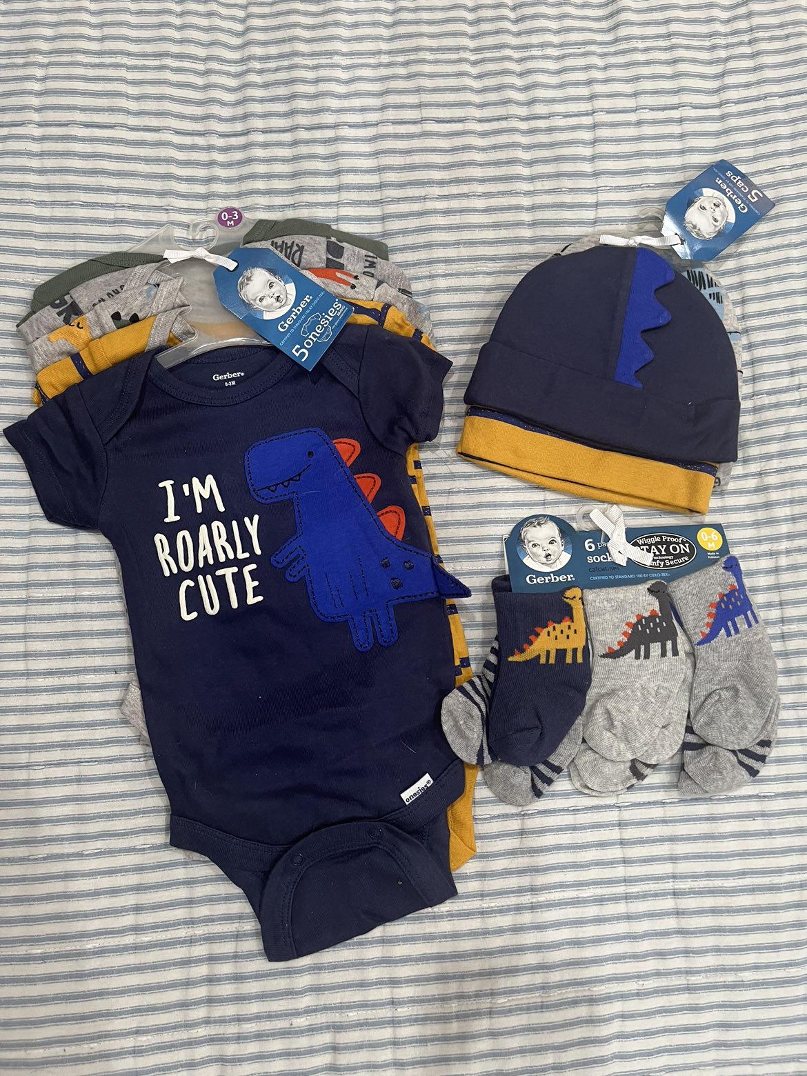 baby boy dino short sleeve onesie, hats and mittens