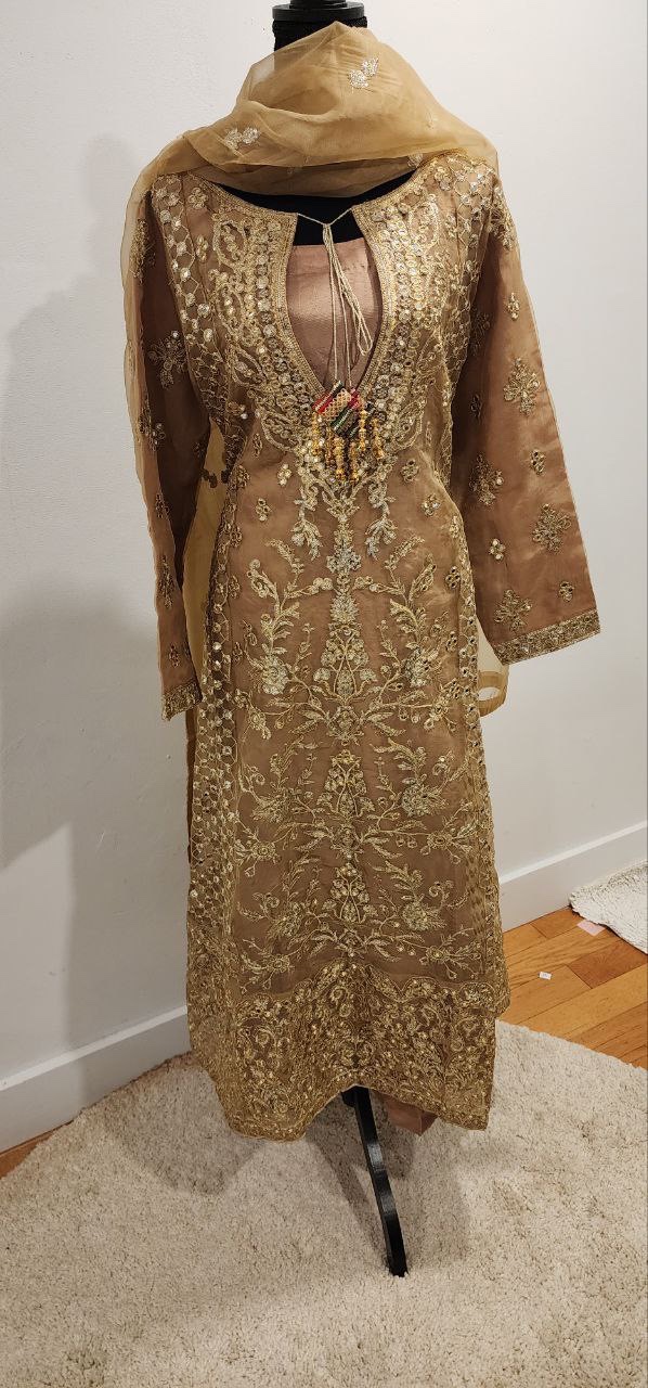 Elegant Gold Embroidered Shalwar Kameez for Woman +  Dupatta