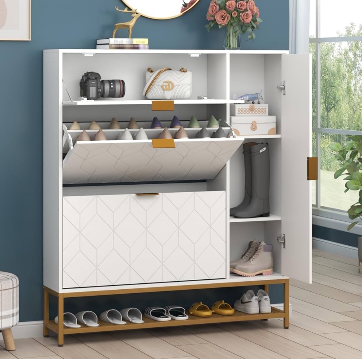 White Shoe Cabinet with Shelf and Storage - photo 4