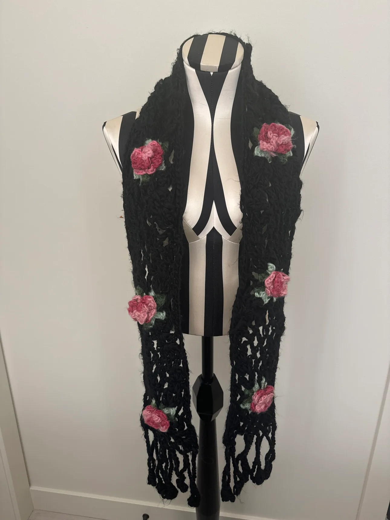Black Crochet Scarf with Rose Embellishments thumbnail