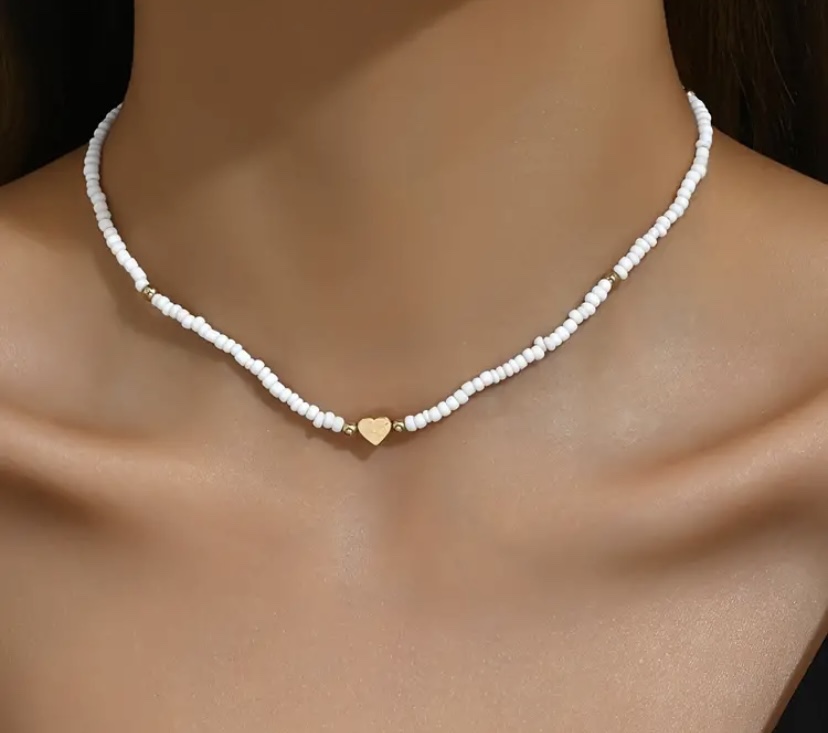 White Beaded Necklace with Gold Heart Charm