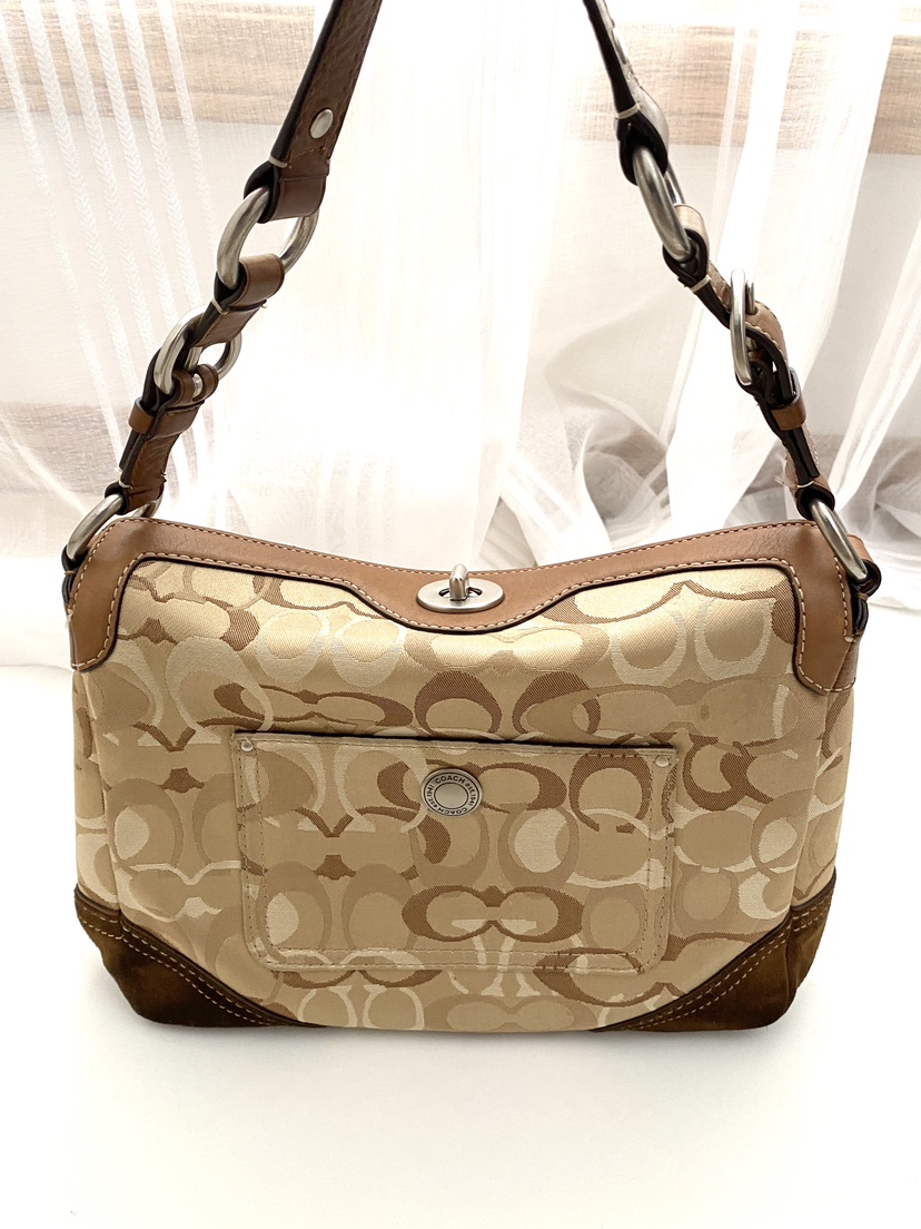 Coach Signature Beige Suede Shoulder Bag