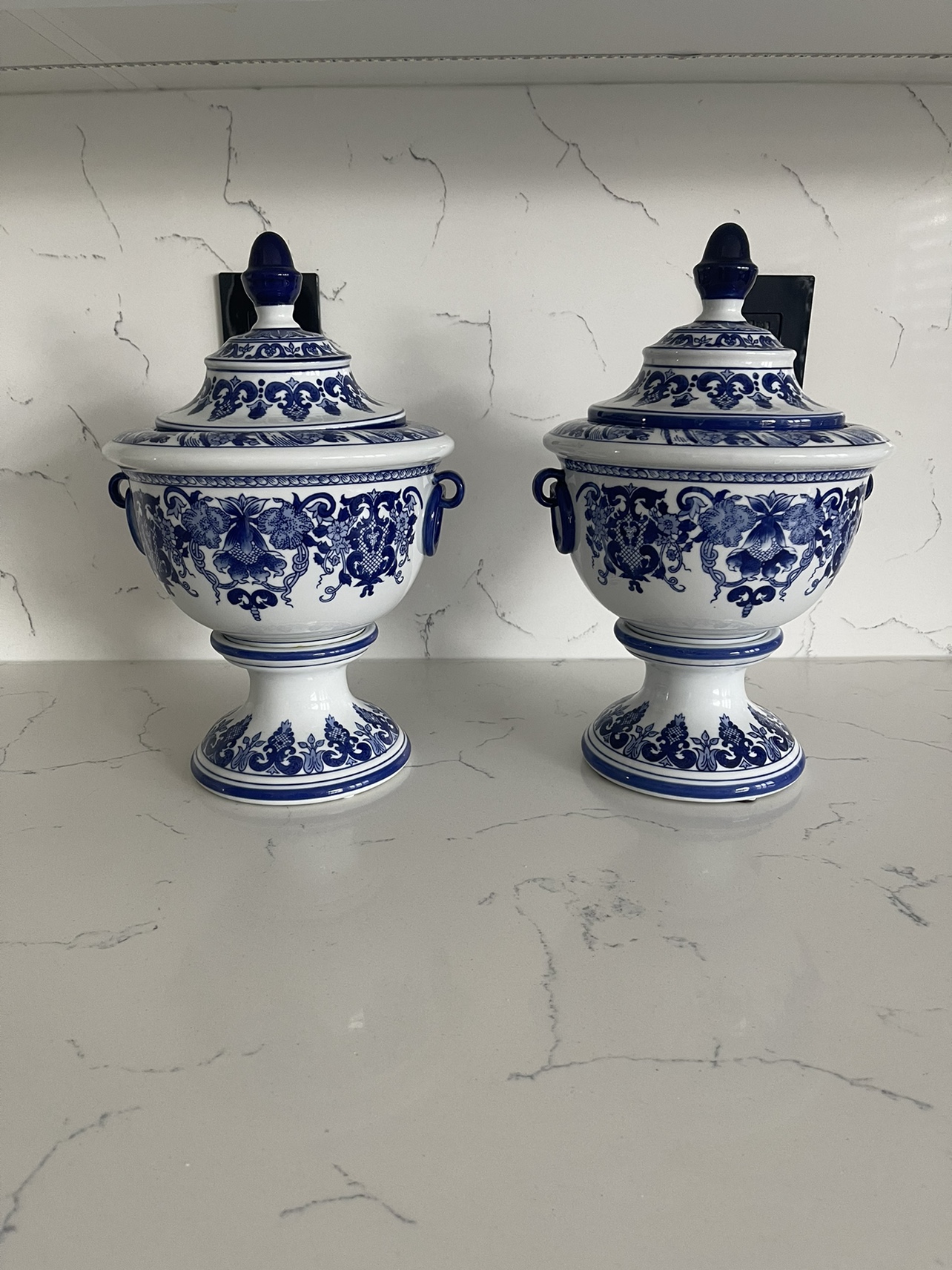 Blue and White Ceramic Urns with Lids - photo 2