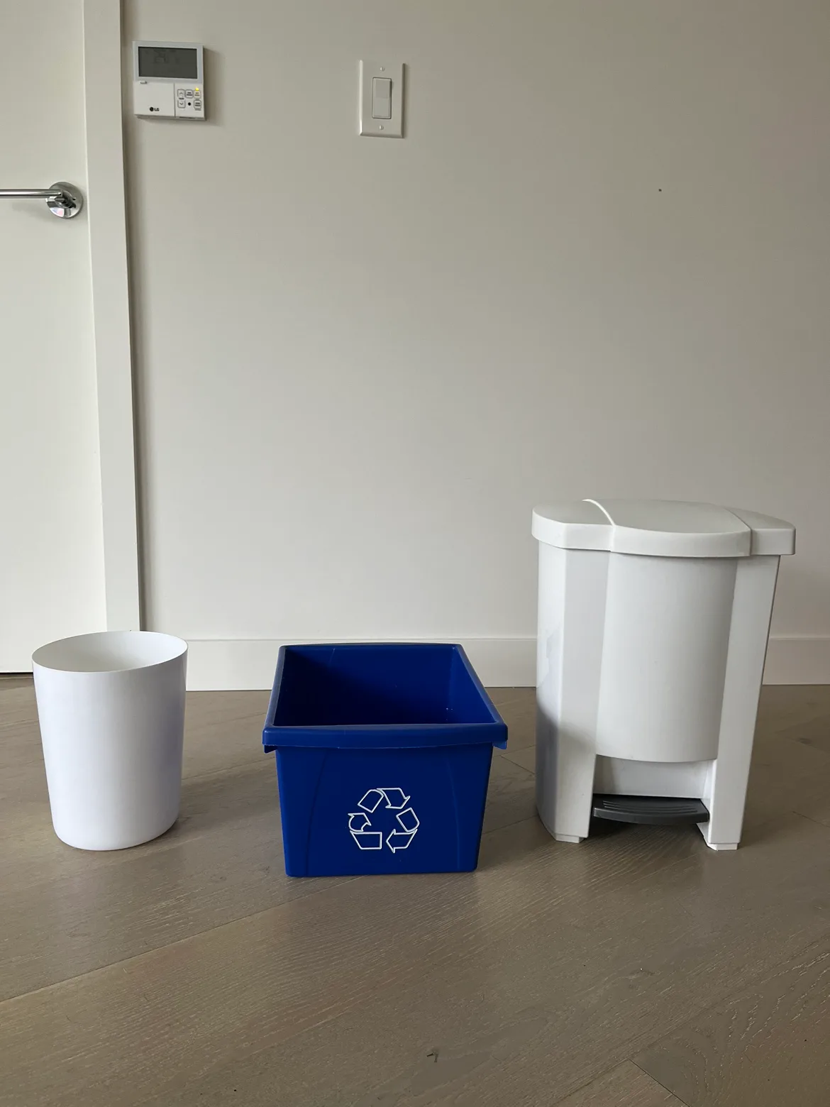 Blue Recycling Bin and white garbage bins thumbnail