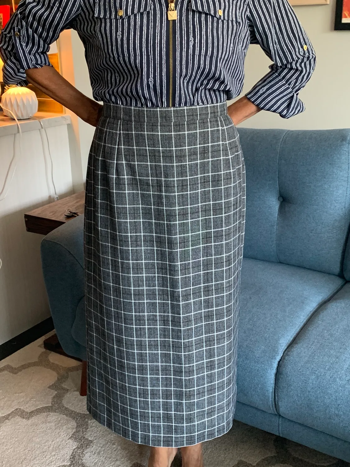 Vintage Grey, Blue, Black, and White Plaid Midi Skirt thumbnail