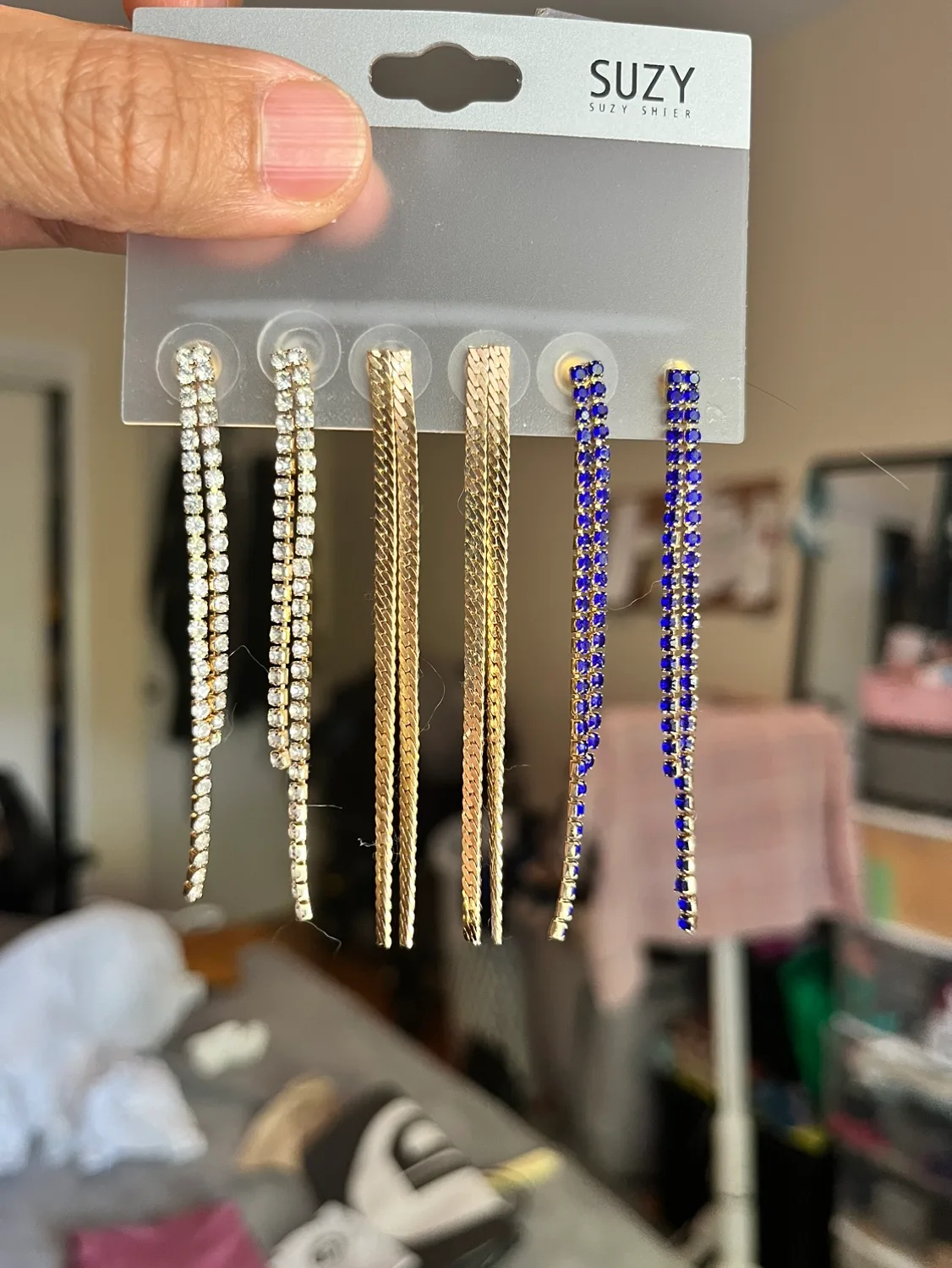 Gold and Blue Rhinestone Earrings image indicator(2)