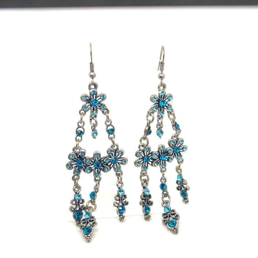 Blue Rhinestones Flower Chandelier Earrings image indicator(7)