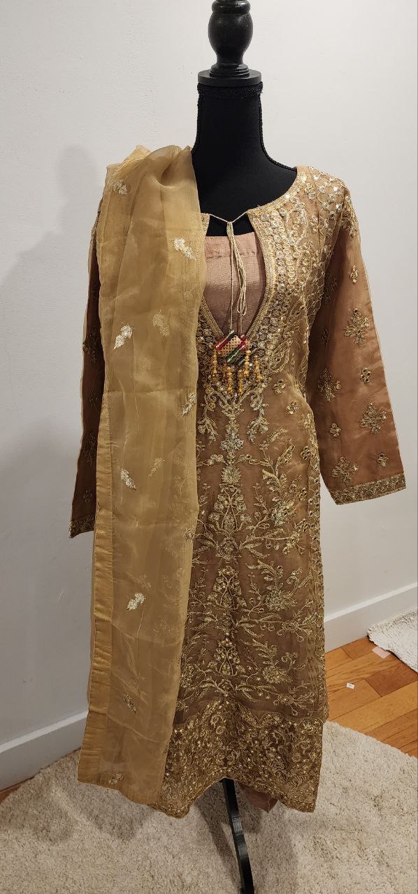 Elegant Gold Embroidered Shalwar Kameez for Woman +  Dupatta - photo 2