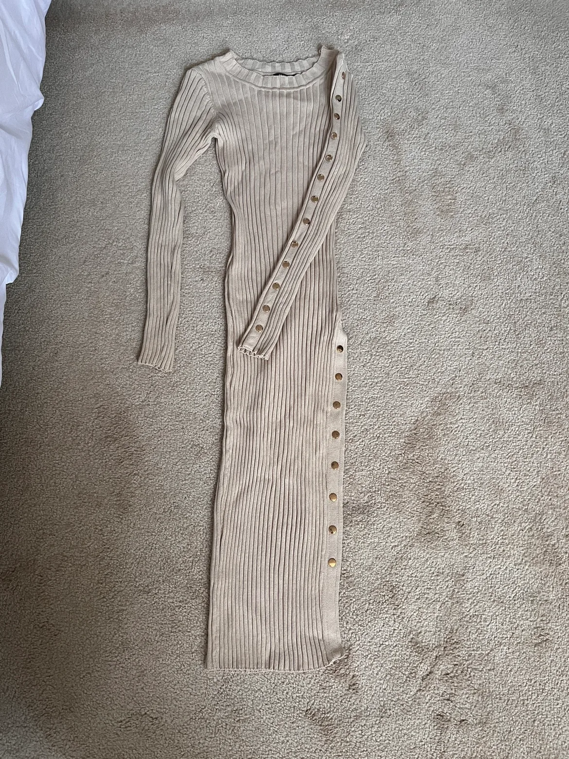 Beige Bodycon Dress with Gold Buttons thumbnail