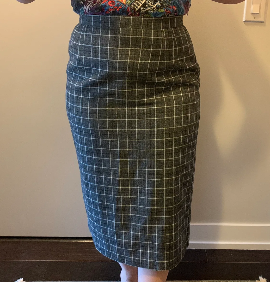 Vintage Grey, Blue, Black, and White Plaid Midi Skirt image indicator(2)