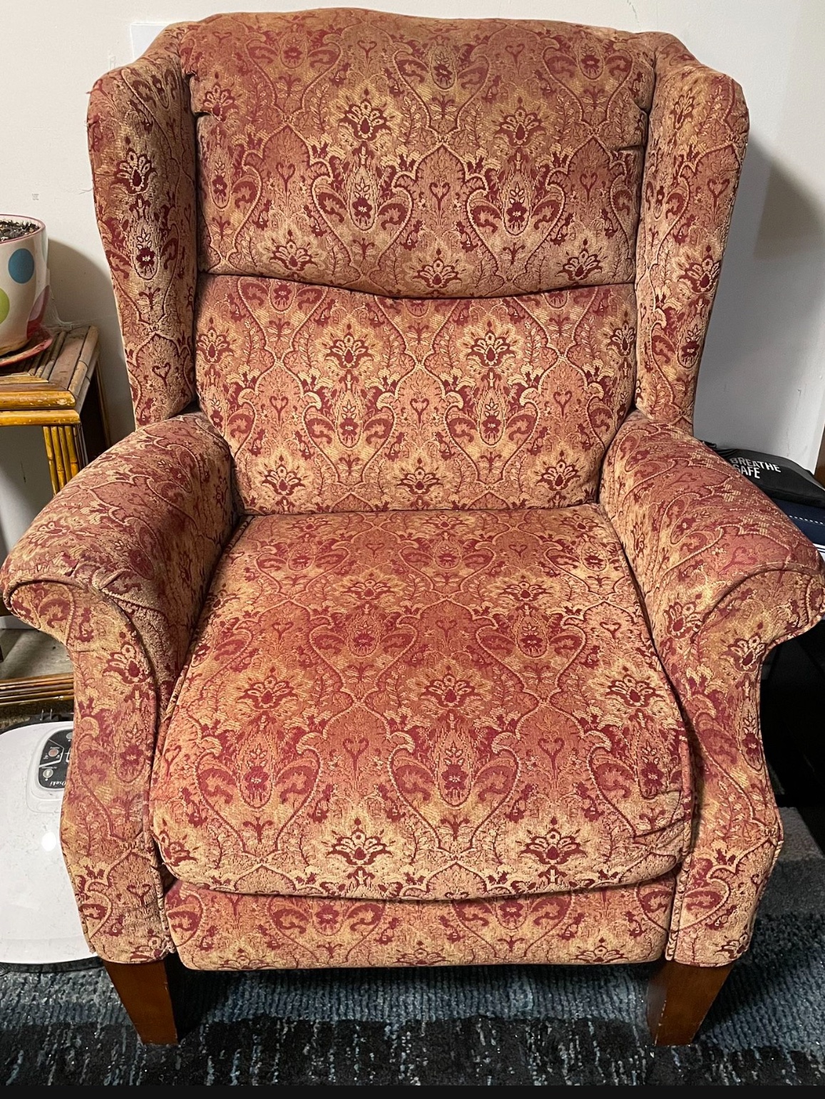 Red and Gold Upholstered Wingback Chair