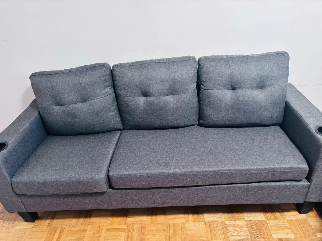 Like New - Grey Sofa with Cup Holders image indicator(8)