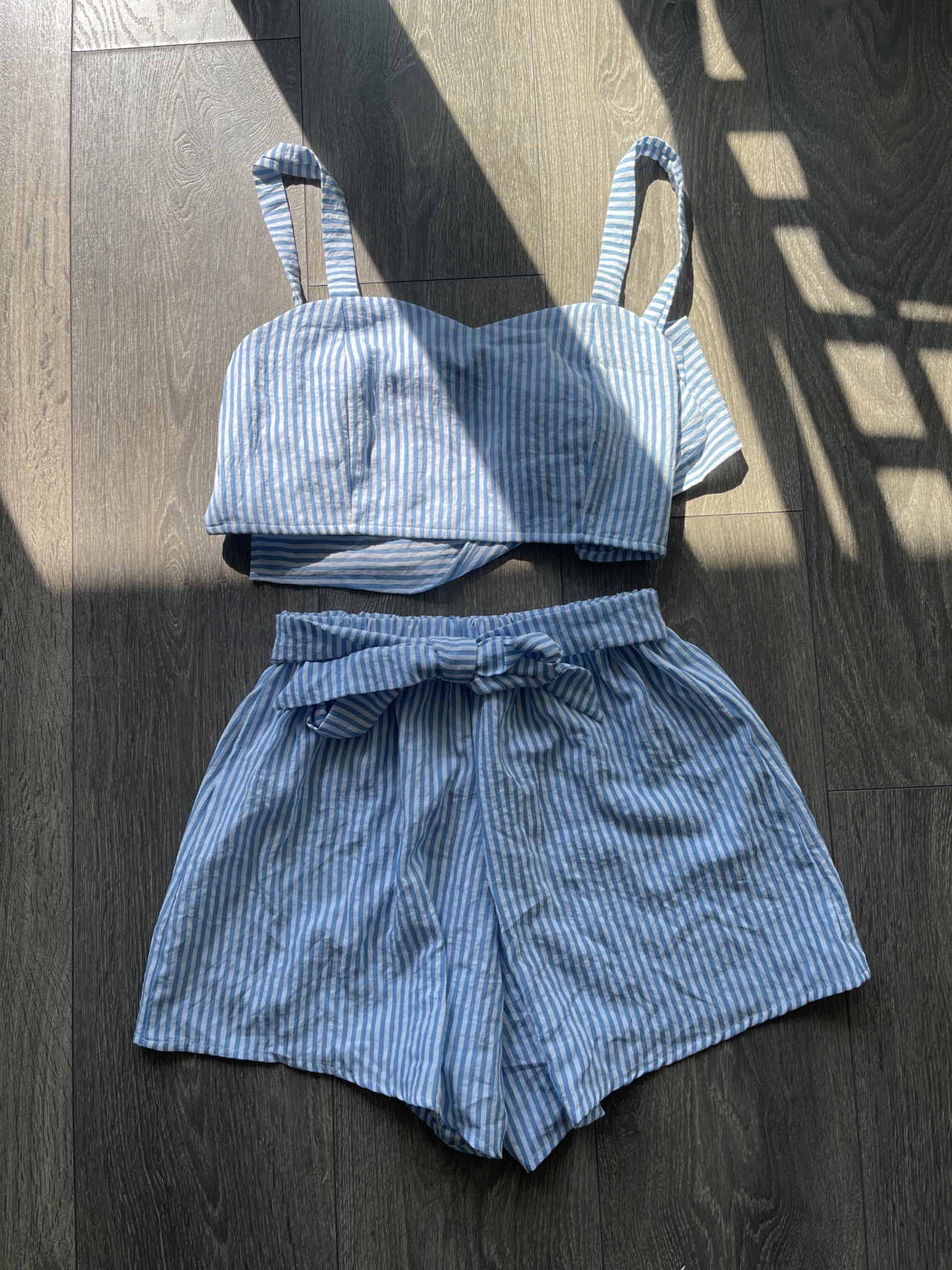 Blue Striped Crop Top & Shorts Set