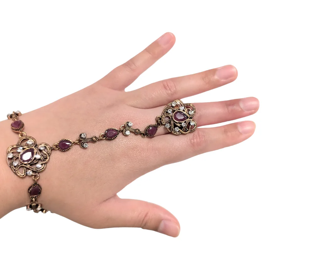 Gold Finger Ring Bracelet (Purple Gems) thumbnail