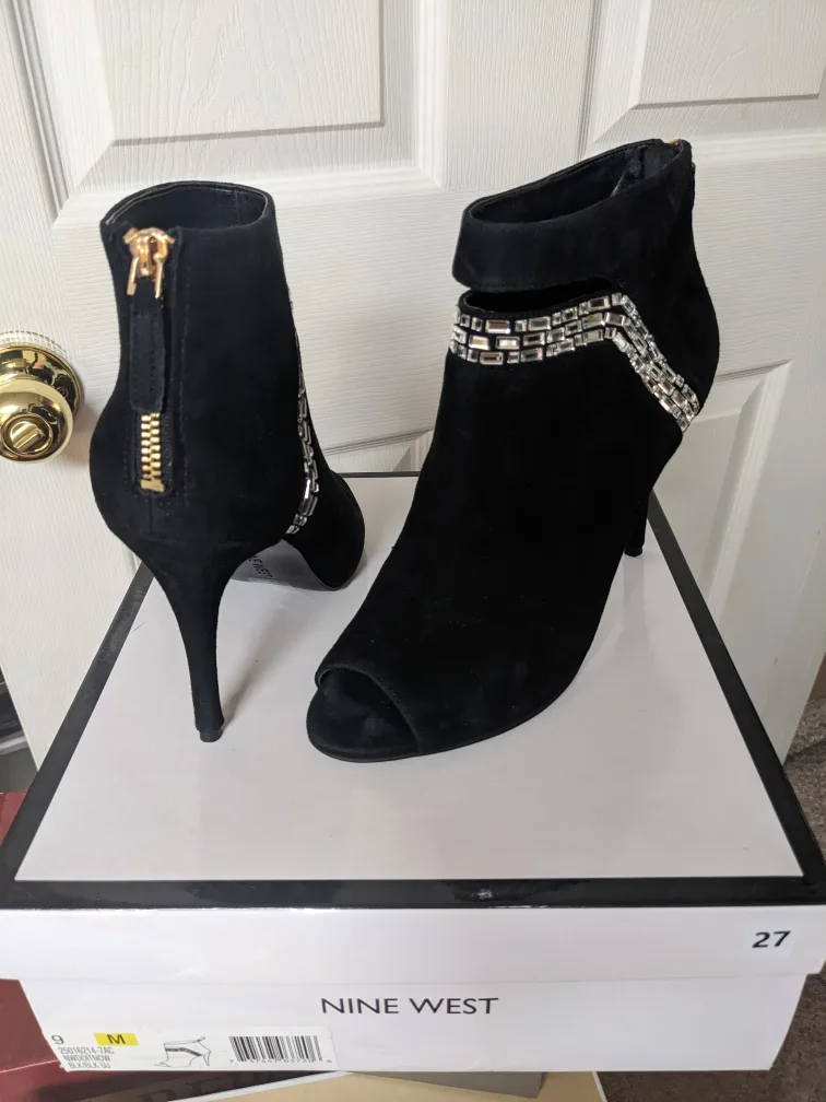 Nine West Black Suede Peep Toe Booties image indicator(2)