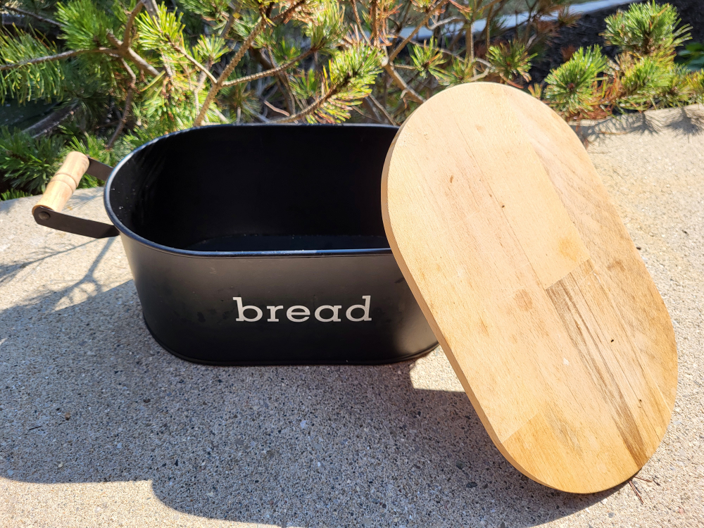 Black Metal Bread Bin with Wooden Lid