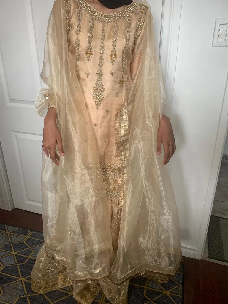 Gold Pakistani Shalwar Kameez image indicator(3)