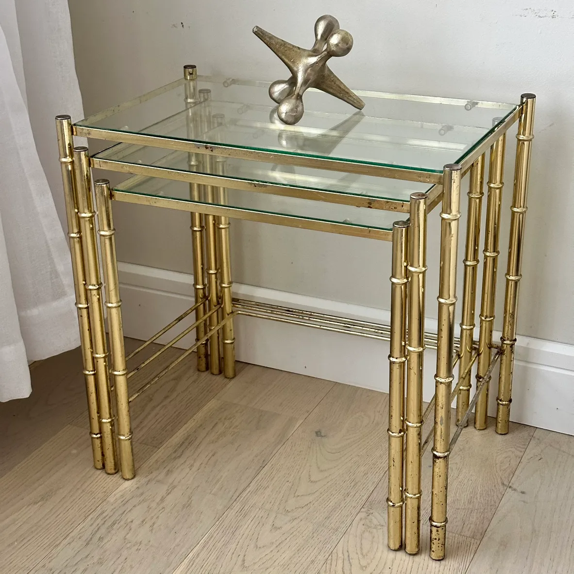 Set of 3 vintage glam art deco style gold glass nesting tables