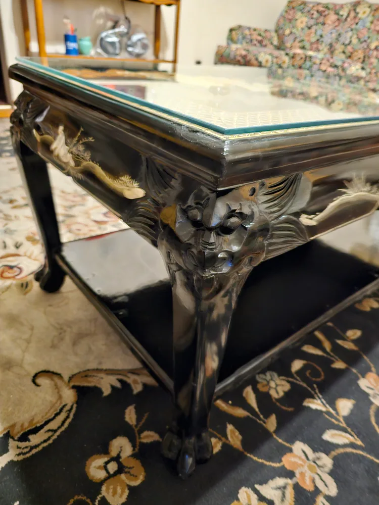 Asian black lacquer & Mother of Pearl glass-top coffee table image indicator(5)