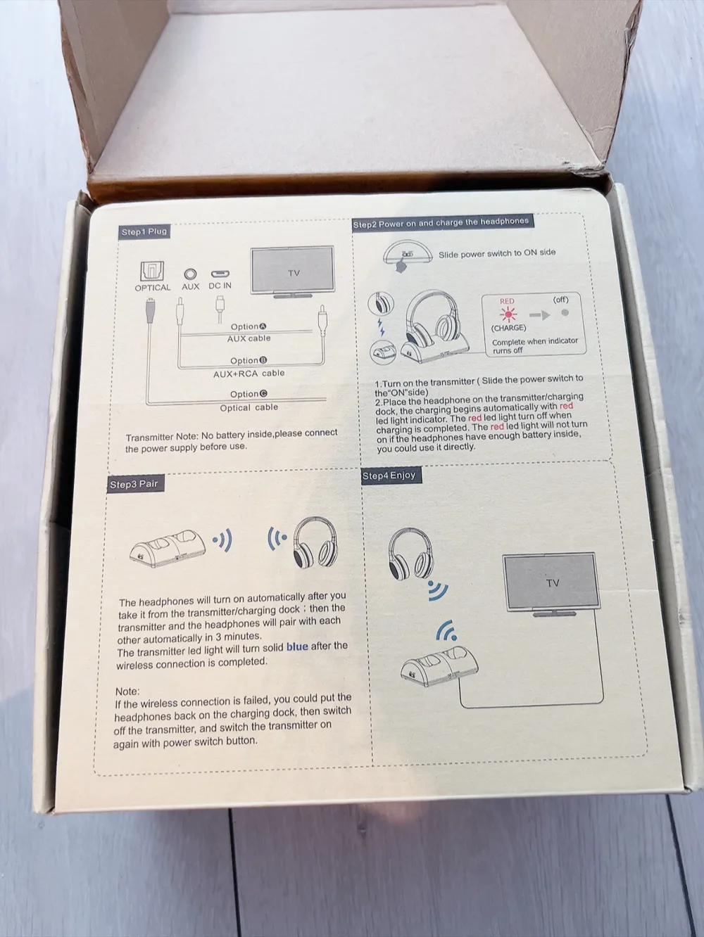 Open box🥕 Wireless Headphone for TV Transmitter Charging Dock image indicator(8)