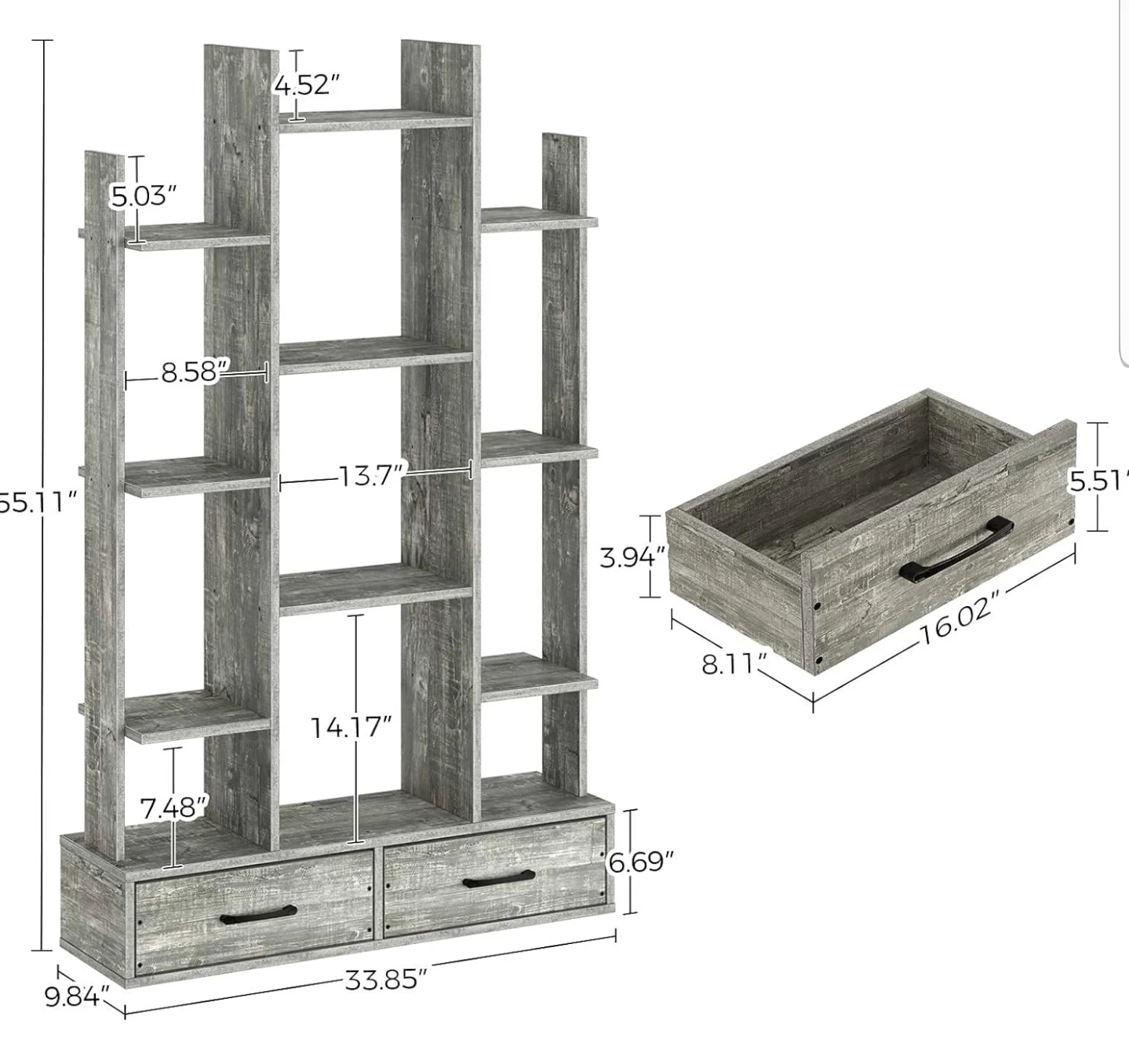 Rustic Grey Wooden Bookcase with drawers