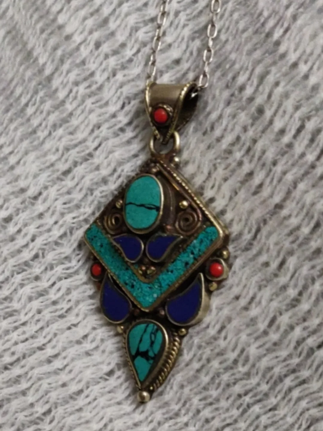 Tibetan Silver Pendant with Turquoise, Lapis lazuli and Coral thumbnail