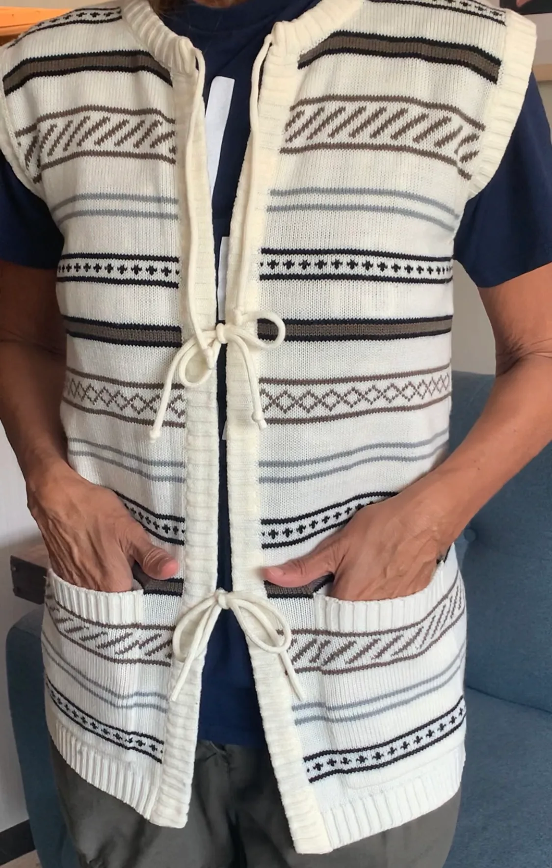 Vintage 70s Striped Knit Vest w/ Ties & Pockets image indicator(3)