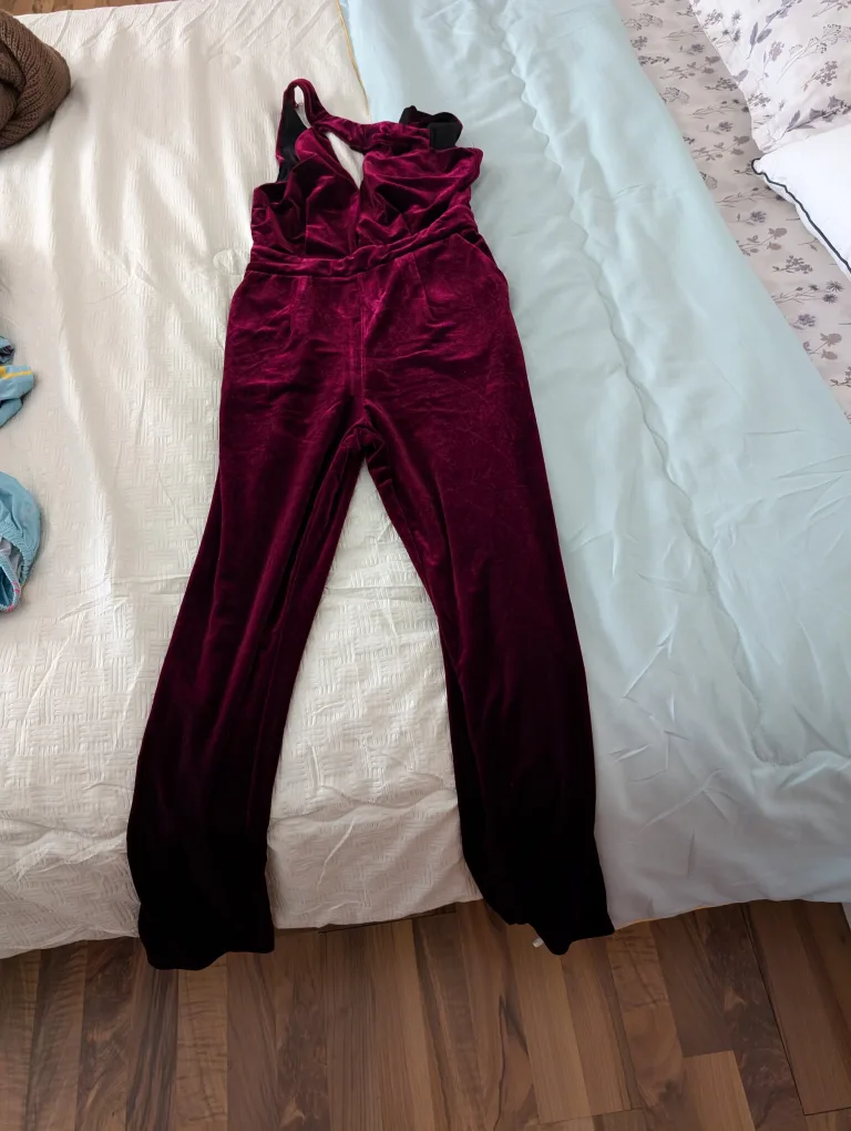 Burgundy Velvet Jumpsuit thumbnail