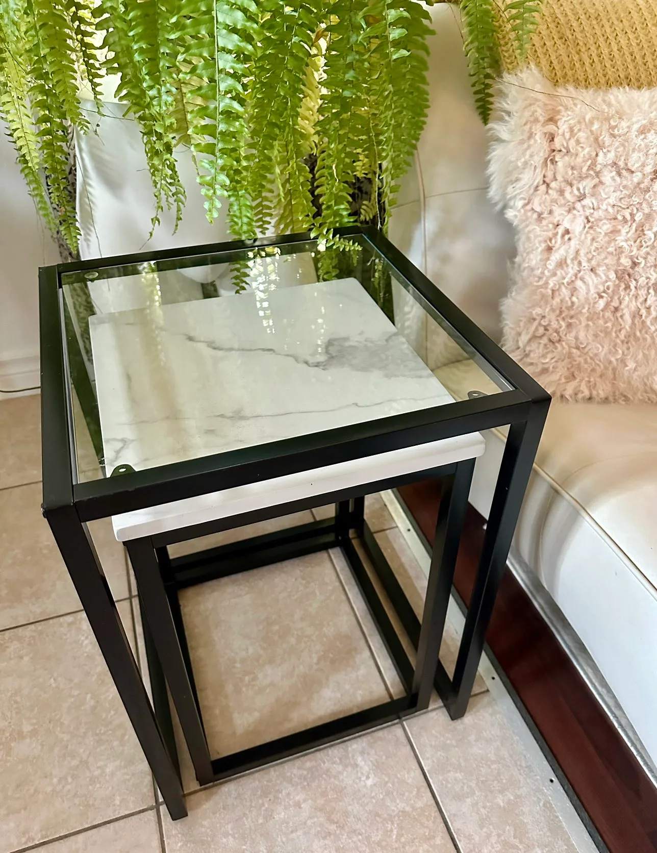 Modern Metal Glass Faux Marble - Set of 2 Nesting Side Tables thumbnail