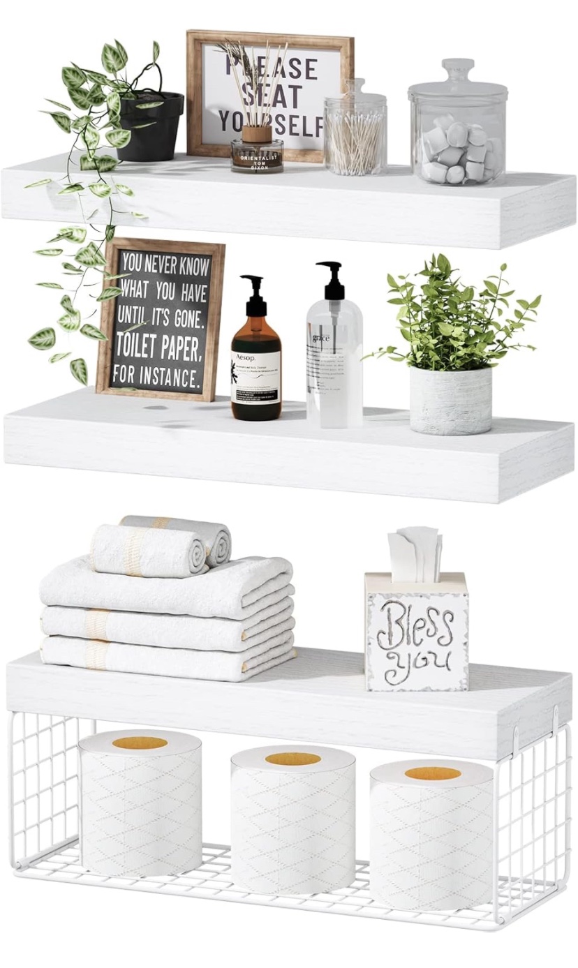 White Floating Bathroom Shelves - set of 3 and basket ( new )
