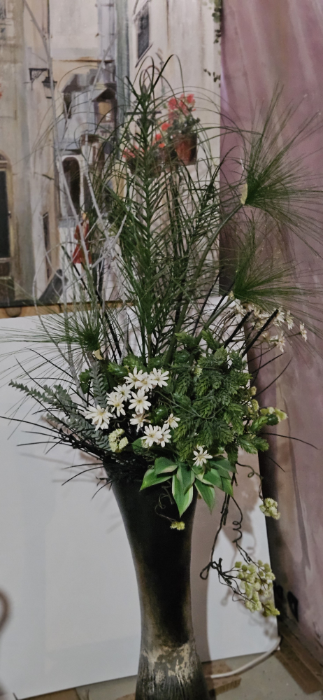 Tall Black Vase with Artificial Flowers