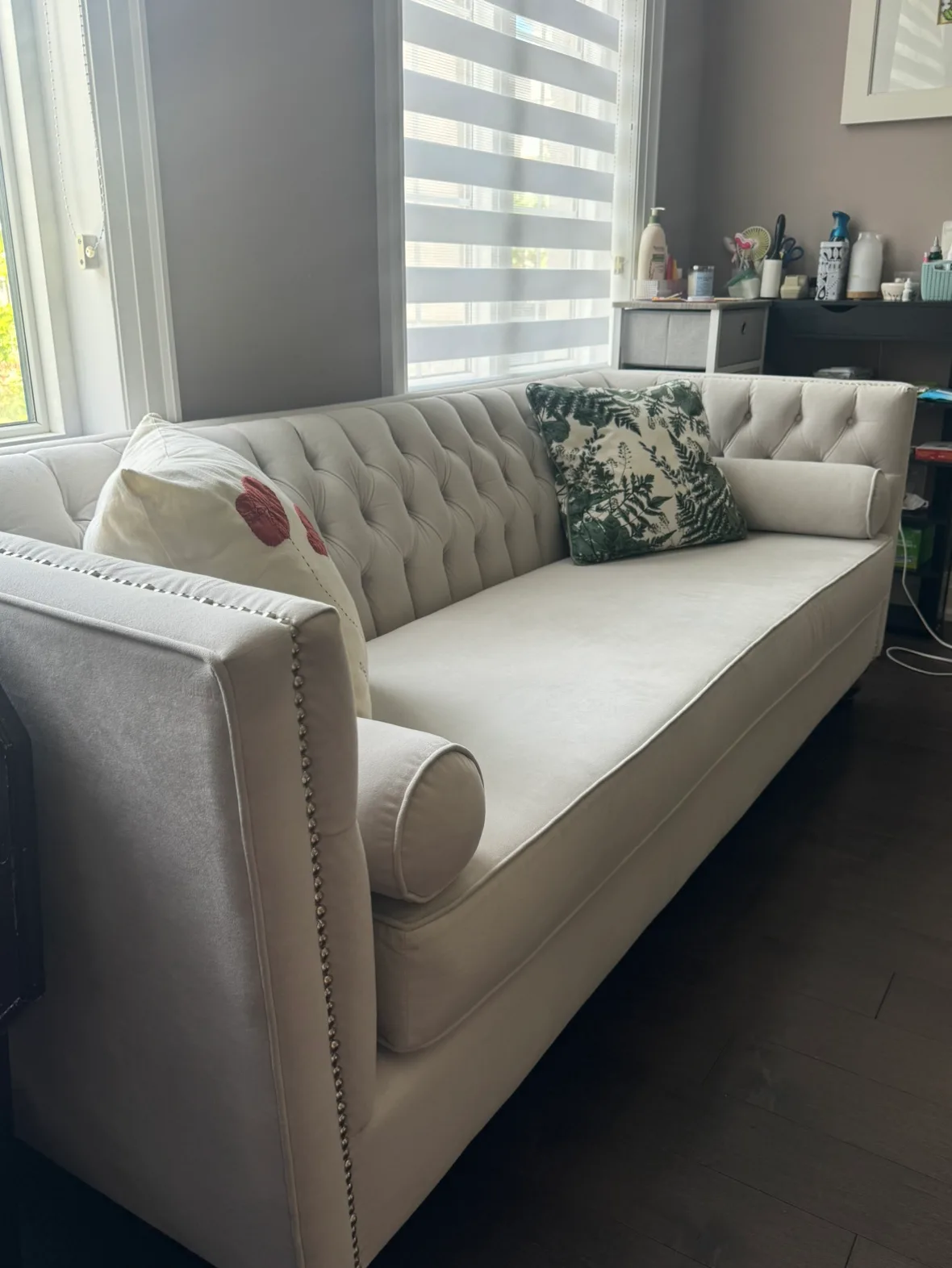 Light gray classic suede sofa thumbnail