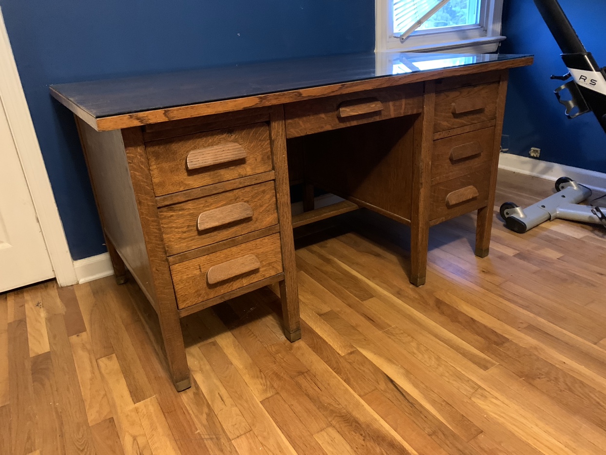 Antique Tiger Oak teachers desk w/ glass top large executive MV
