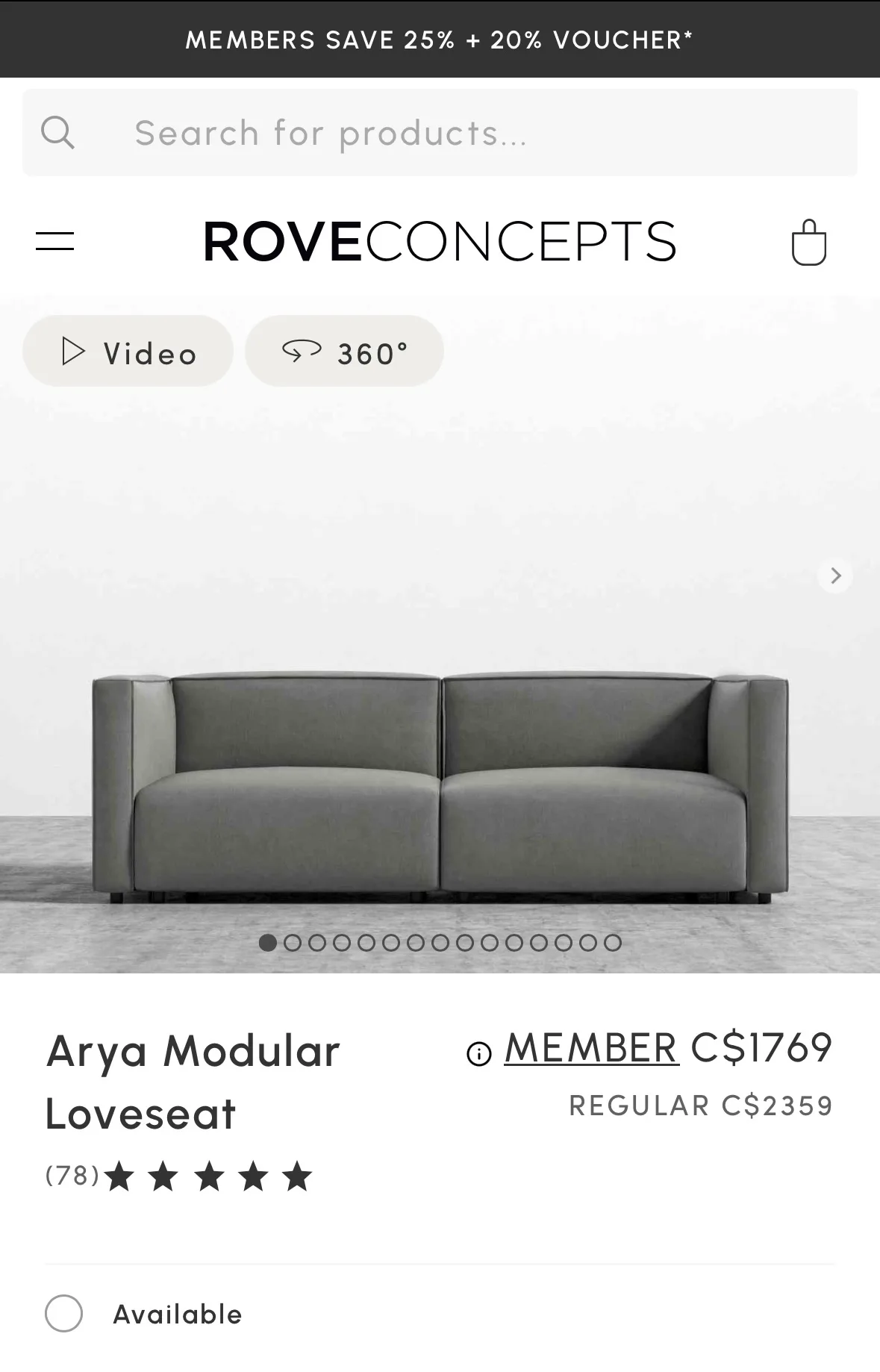 Rove concepts Arya Modular Loveseat narwhal grey BNIB thumbnail