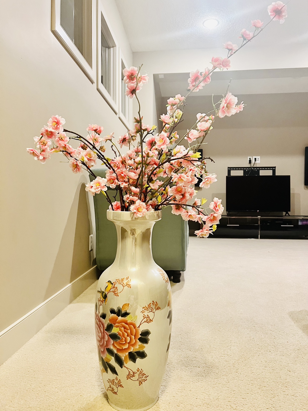 Tall pastel White Vase with Floral design